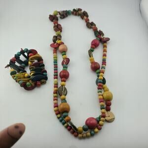 Colorful Wooden Bead Necklace & Bracelet Set Boho Chunky Statement Jewelry VTG